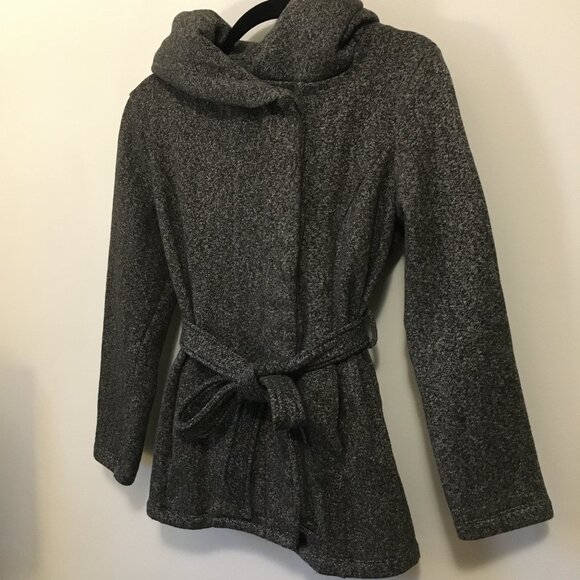 Hooded Button Up Charcoal Grey Cotton Blend Tie Waist Coat - Picture 3 of 15